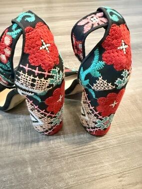 Mix No. 6 Black Heeled Sandals with Red & Teal Floral Embroidery